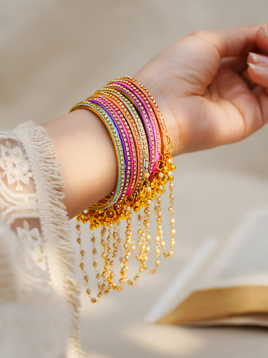 Pearl Tassel Multicolor Kashmiri Bangle Stack Set