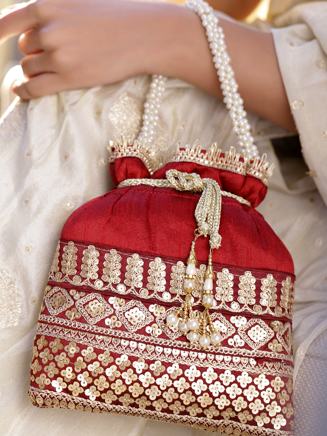 Gold Floral Embroidered Red Potli With Pearl Handle