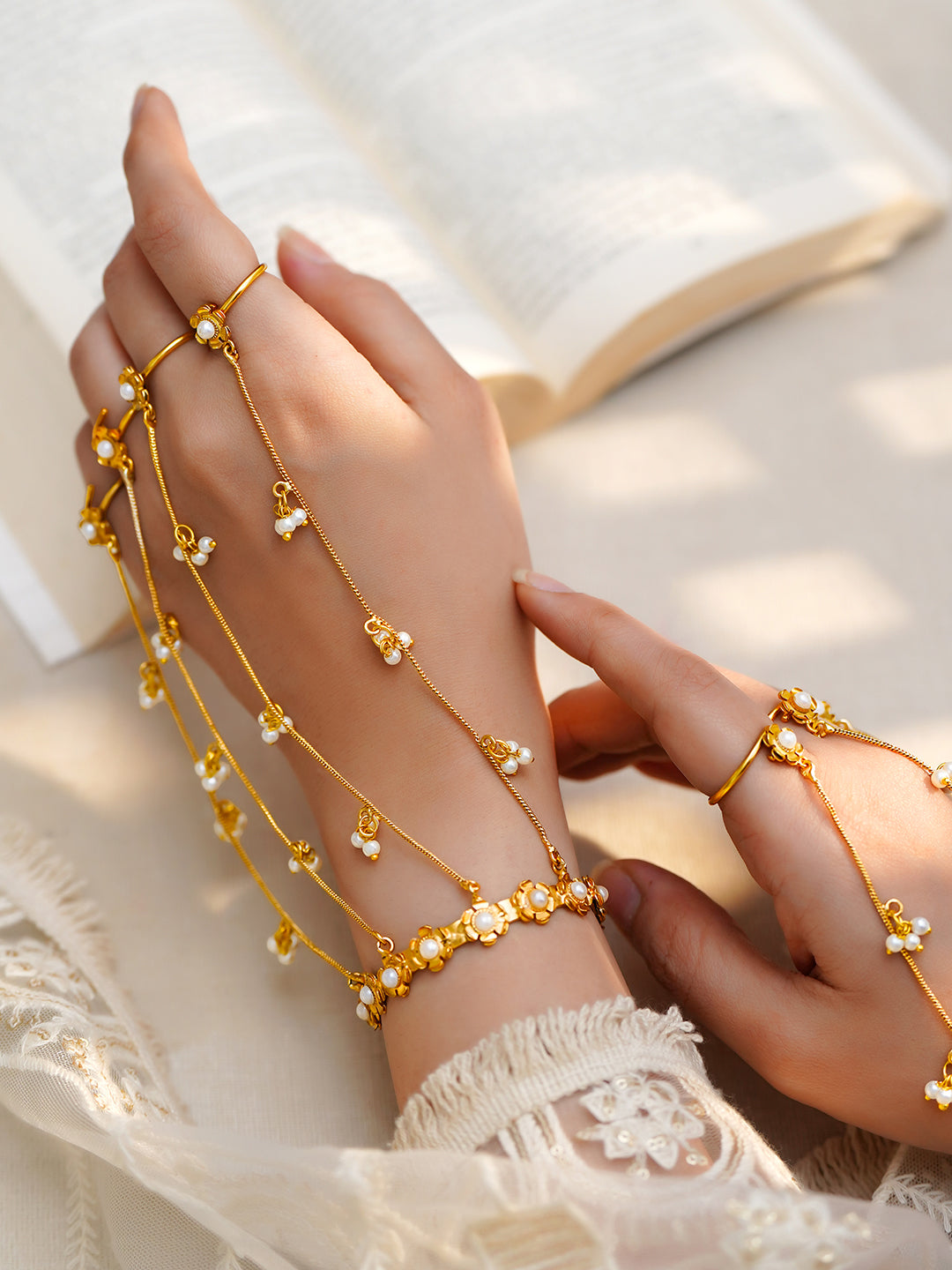 Golden Bloom Pearl Kashmiri Haathphool Bracelet