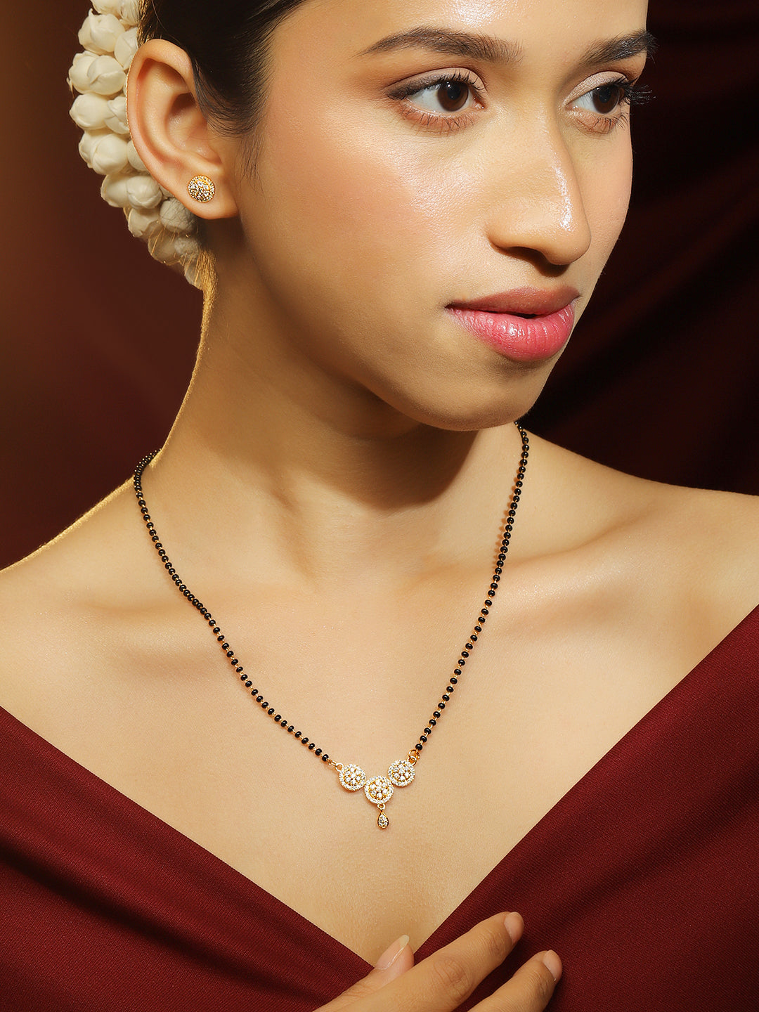 Floral American Diamond Zirconia Mangalsutra With Studs