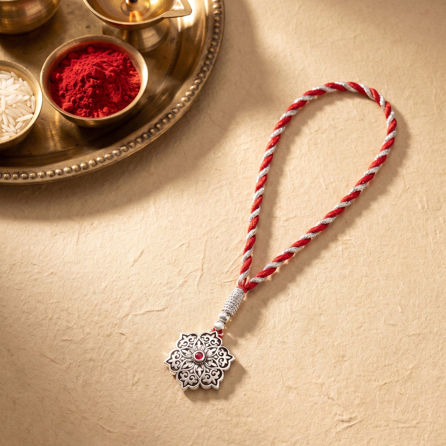 Oxidised Silver Pink Pop Flower Lumba Rakhi