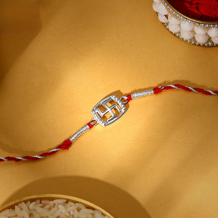 Silver Swastik In Square Rakhi