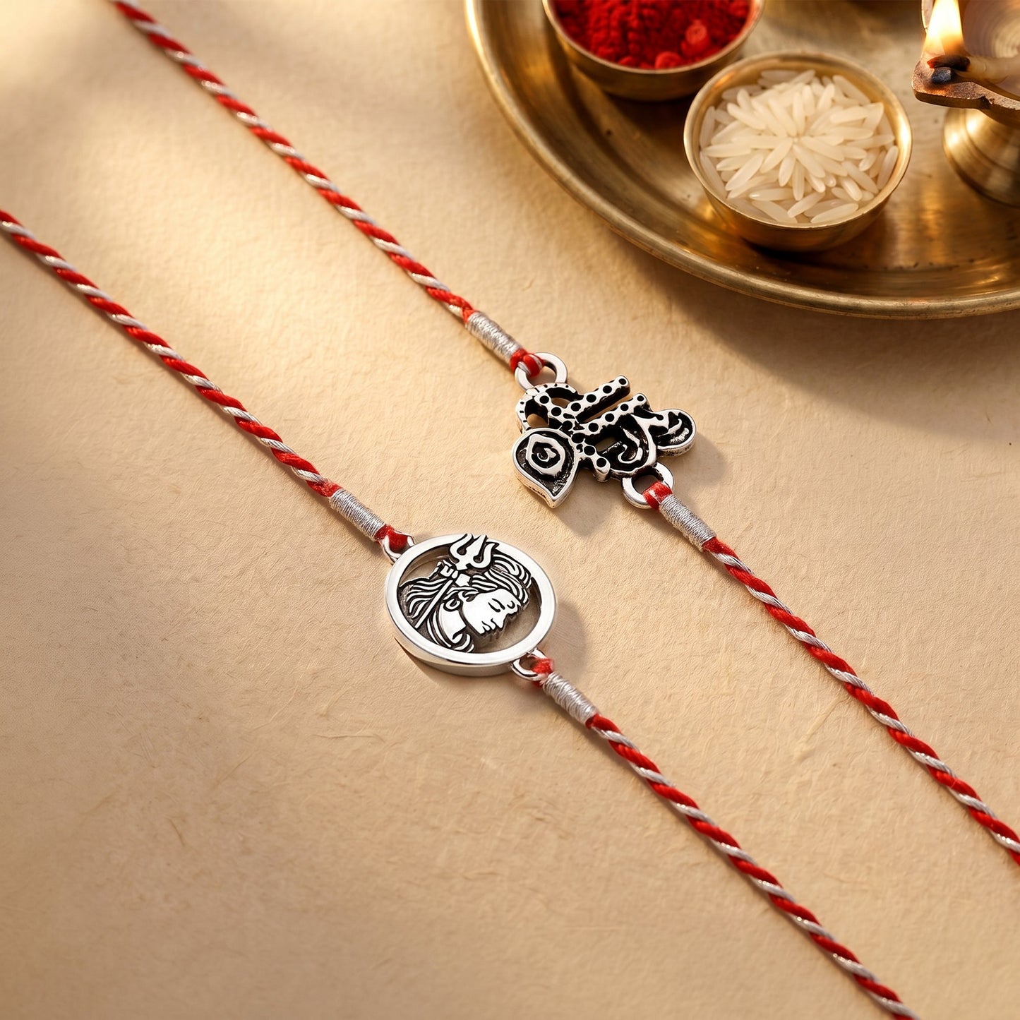 Silver Shree & Om Rakhi Combo (Set of 2)
