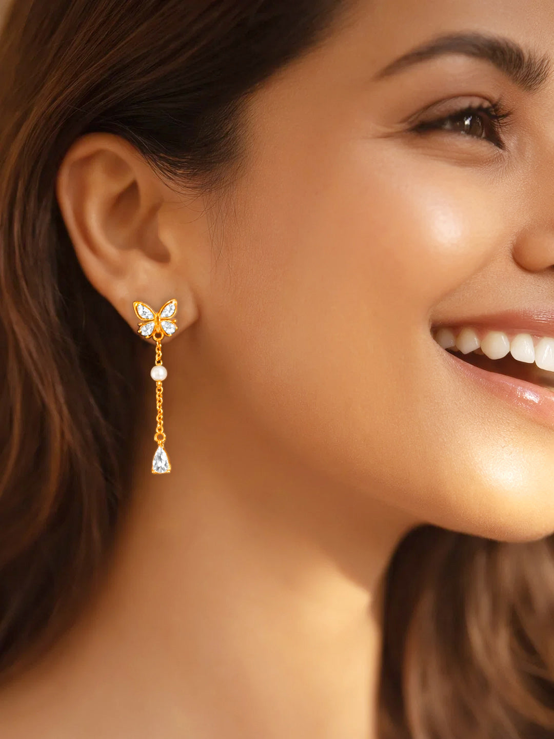 925 Fine Silver Butterfly Pearl Chain Drop Earrings