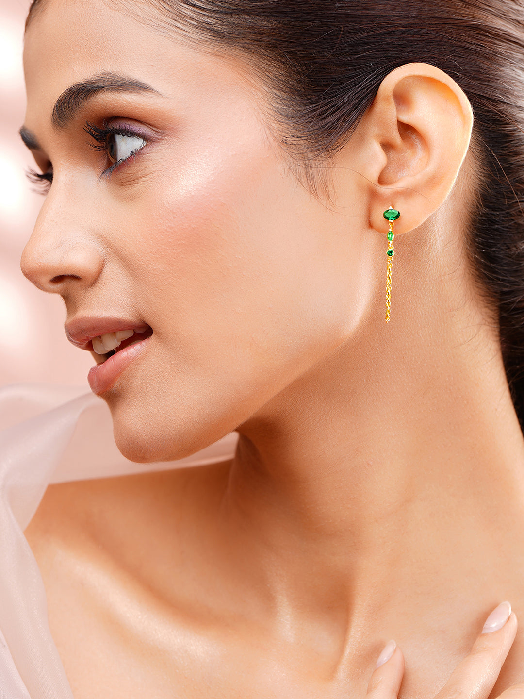 925 Fine Silver Emerald Crystal Chain Drop Earrings