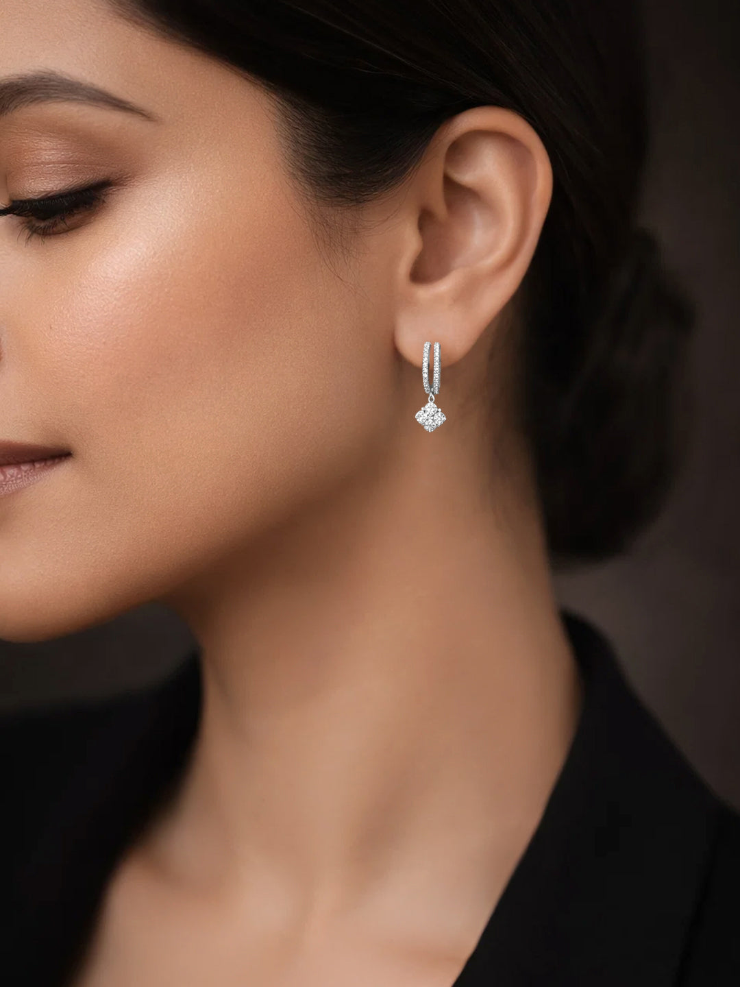 925 Fine Silver Crystal Clover Hoop Drop Earrings