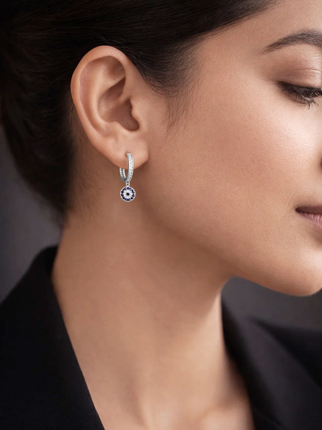 925 Fine Silver Evil Eye Charm Hoop Drop Earrings