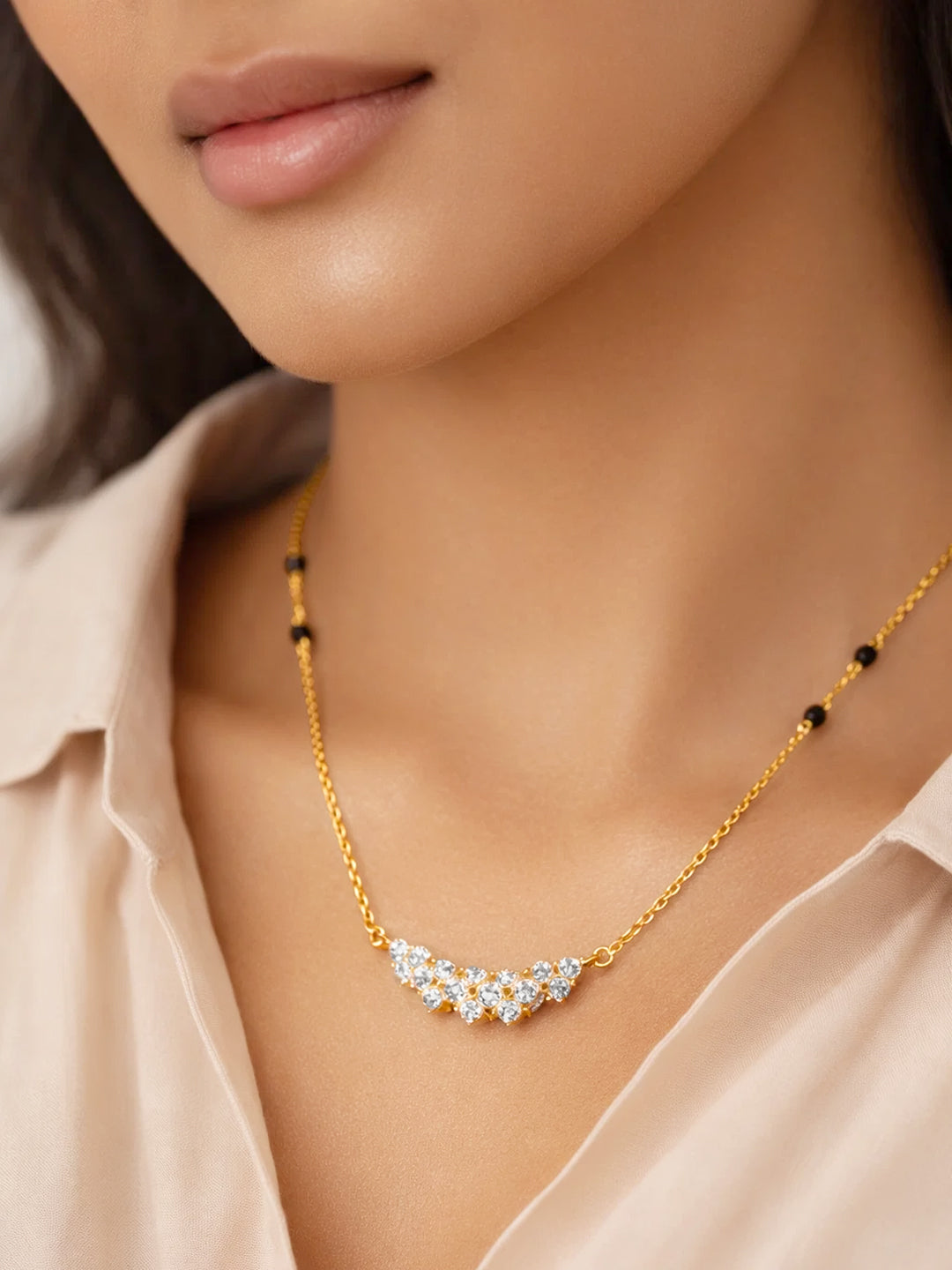 925 Fine Silver Floral Cluster Diamond Mangalsutra