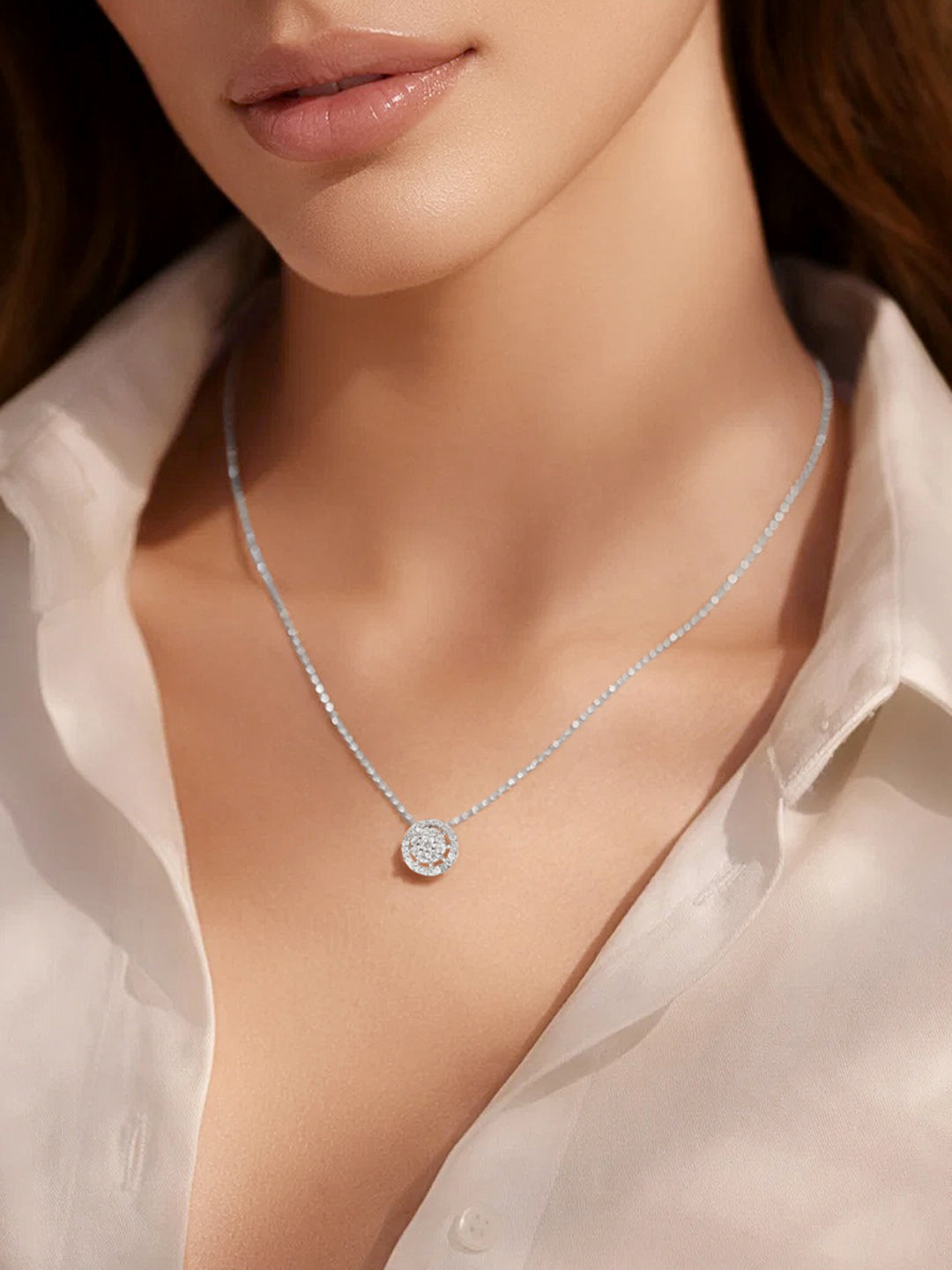 925 Fine Silver Crystal Halo Solitare Pendant Necklace