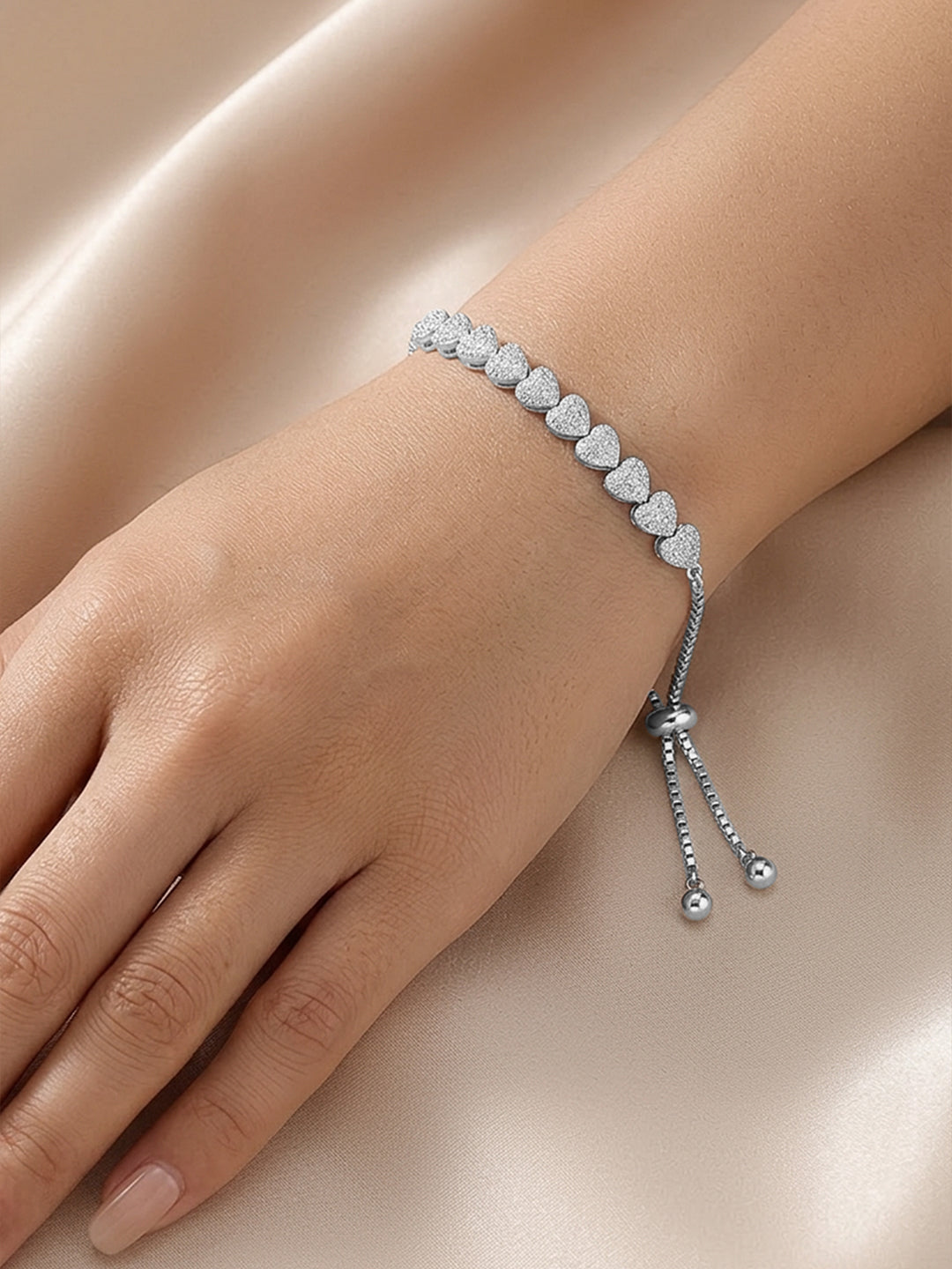 925 Fine Silver Crystal Heart Charm Adjustable Bracelet