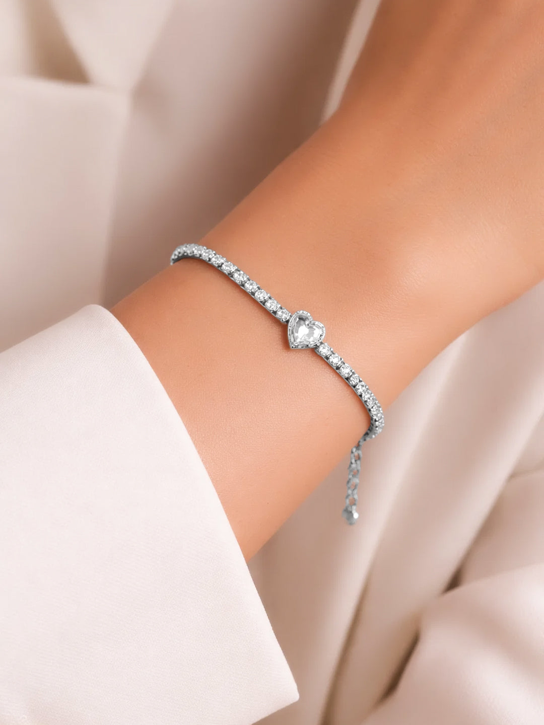925 Fine Silver Heart Crystal Tennis Bracelet