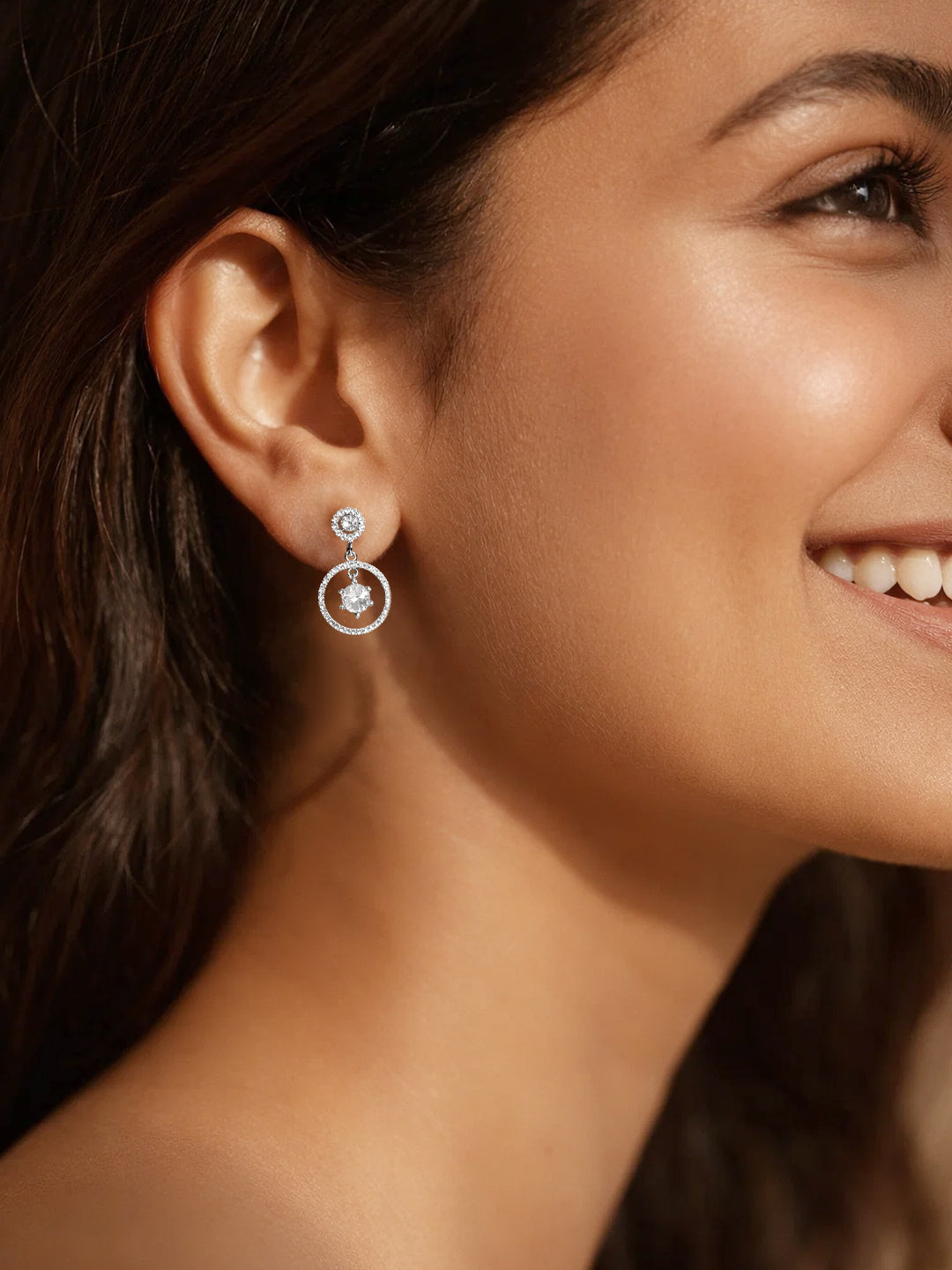 925 Fine Silver Halo Diamond Circle Drop Earrings