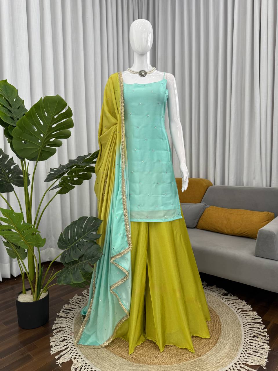 Prazu Fashion Mint Green Chinon Silk Thread With Sequence Designer Palazzo Suit