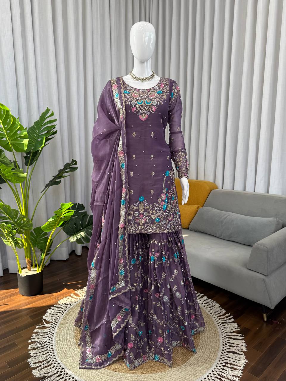Prazu Fashion Deep Purple Art Silk Thread Sequnce With Rivet Moti Sharara Suit