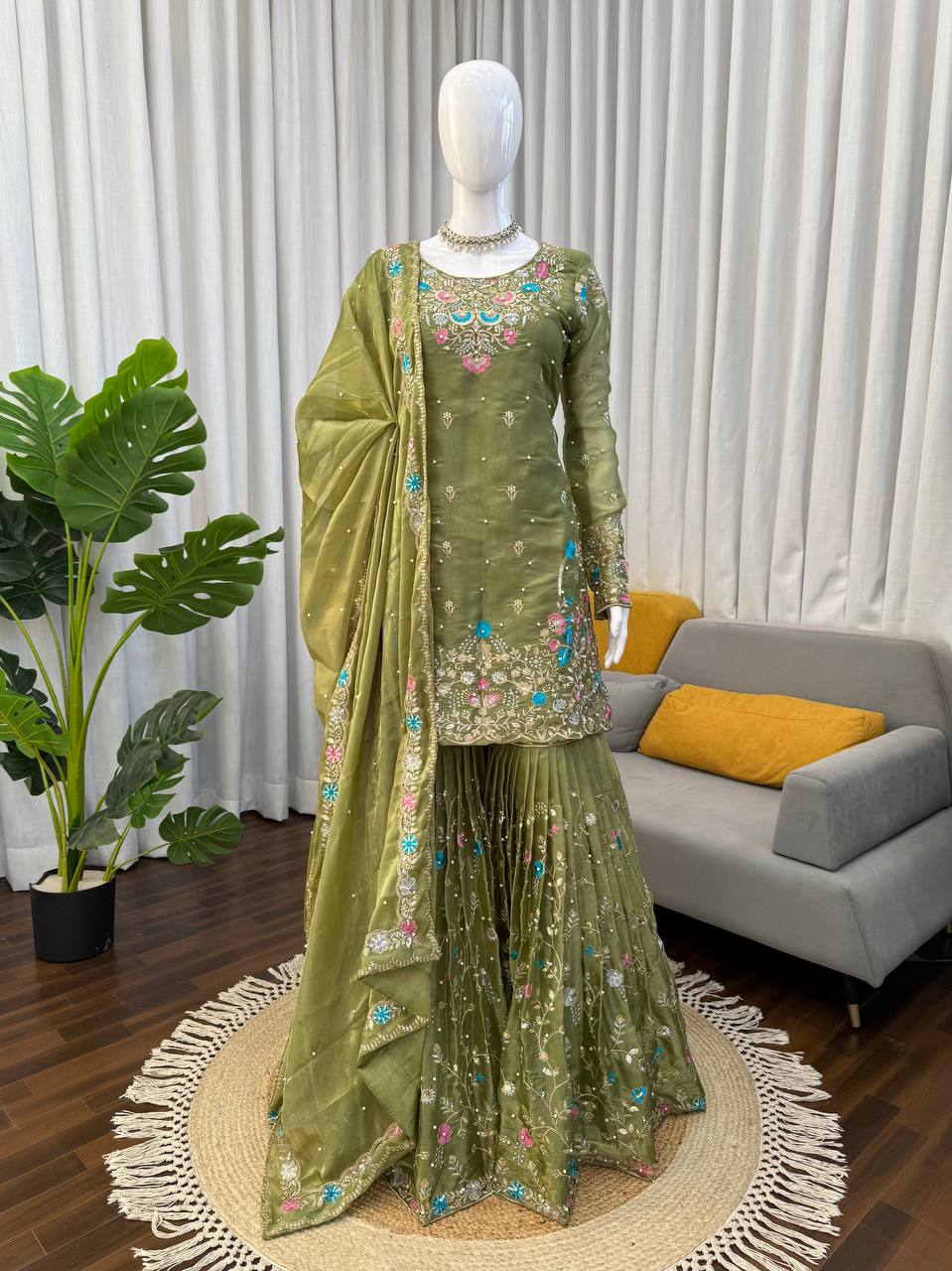Prazu Fashion Mahendi Art Silk Thread Sequnce With Rivet Moti Sharara Suit