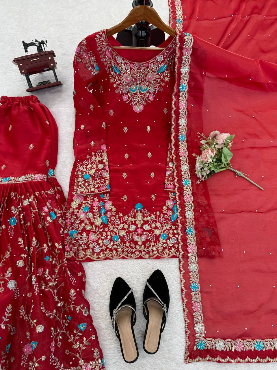 Prazu Fashion Red Art Silk Thread Sequnce With Rivet Moti Sharara Suit