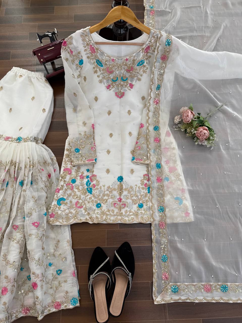 Prazu Fashion Off White Art Silk Thread Sequnce With Rivet Moti Sharara Suit