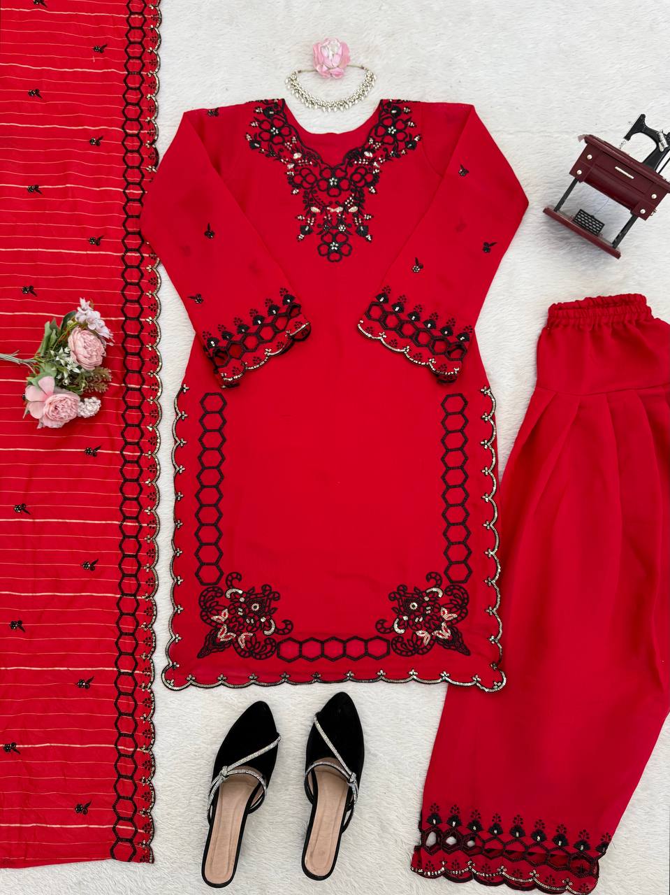 Prazu Fashion Red Mull Chanderi Silk Thread Work Farshi Salwar Suit