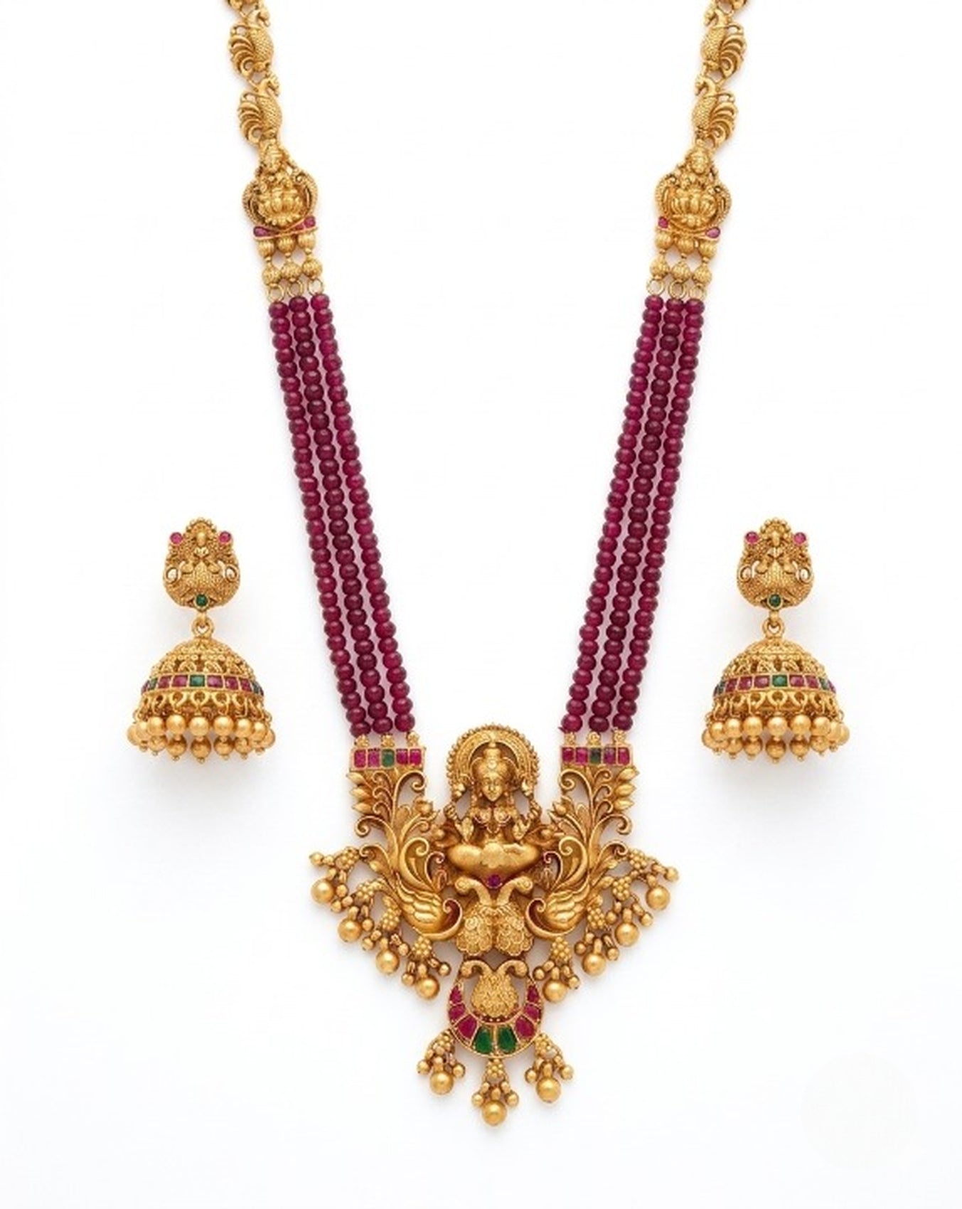 Jewel City Antique-Finish Goddess Ruby Beaded Necklace & Stud Earring Set - Traditional Kemp Stone Temple Jewelry