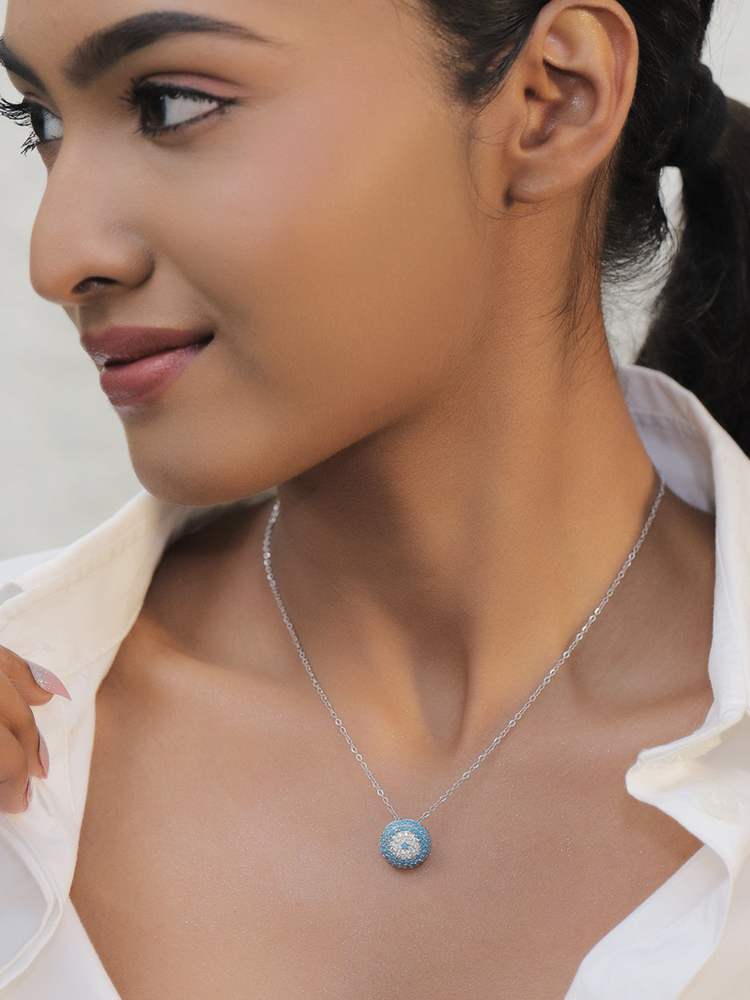 Blue Crystal Studded Pendant Necklace
