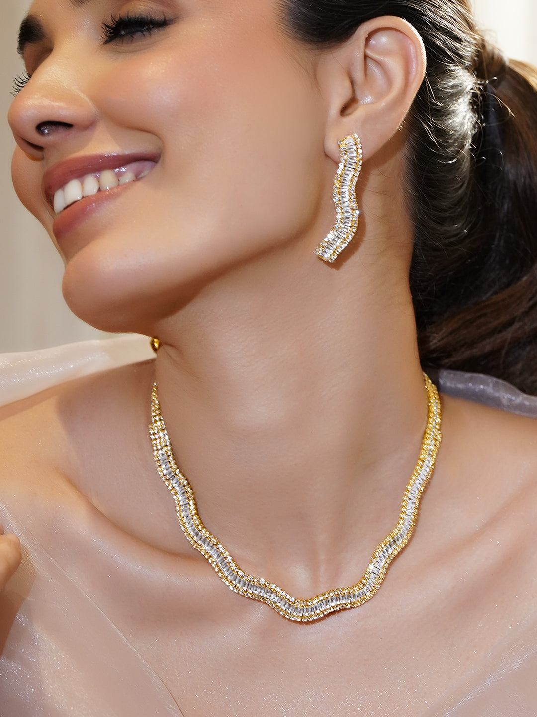 Crystal Studded Wavy Pattern Gold Necklace Set