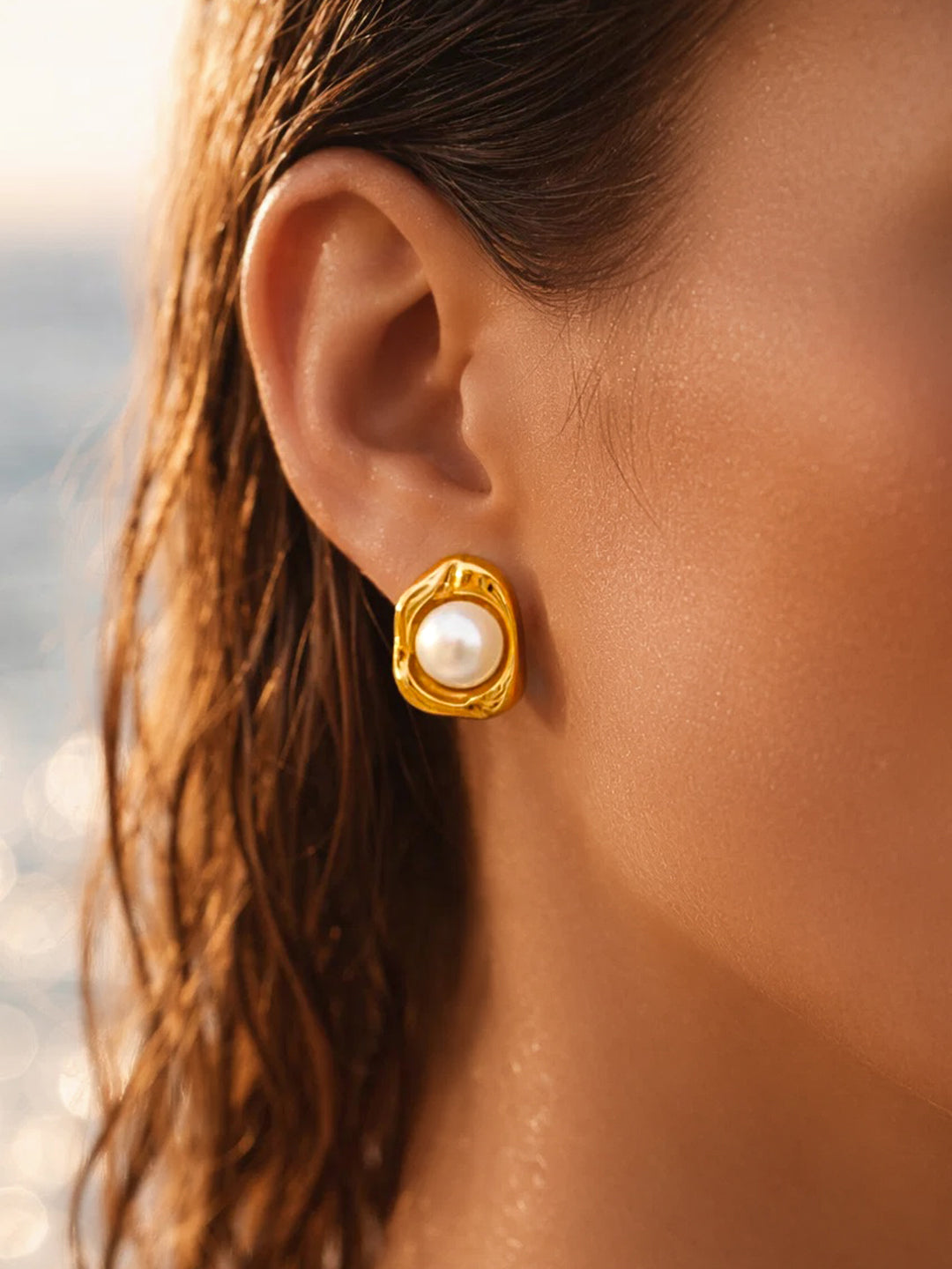 Demifine 18K Gold Plated Stainless steel Pearl Centered Stud Earrings