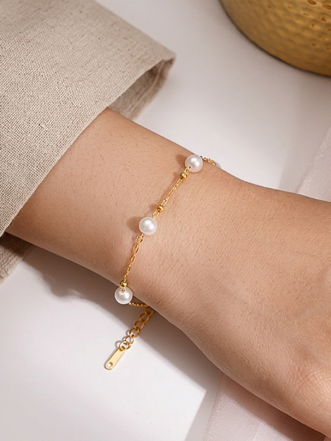 Demifine 18K Gold Plated Stainless steel Pearl Beaded Chain Bracelet