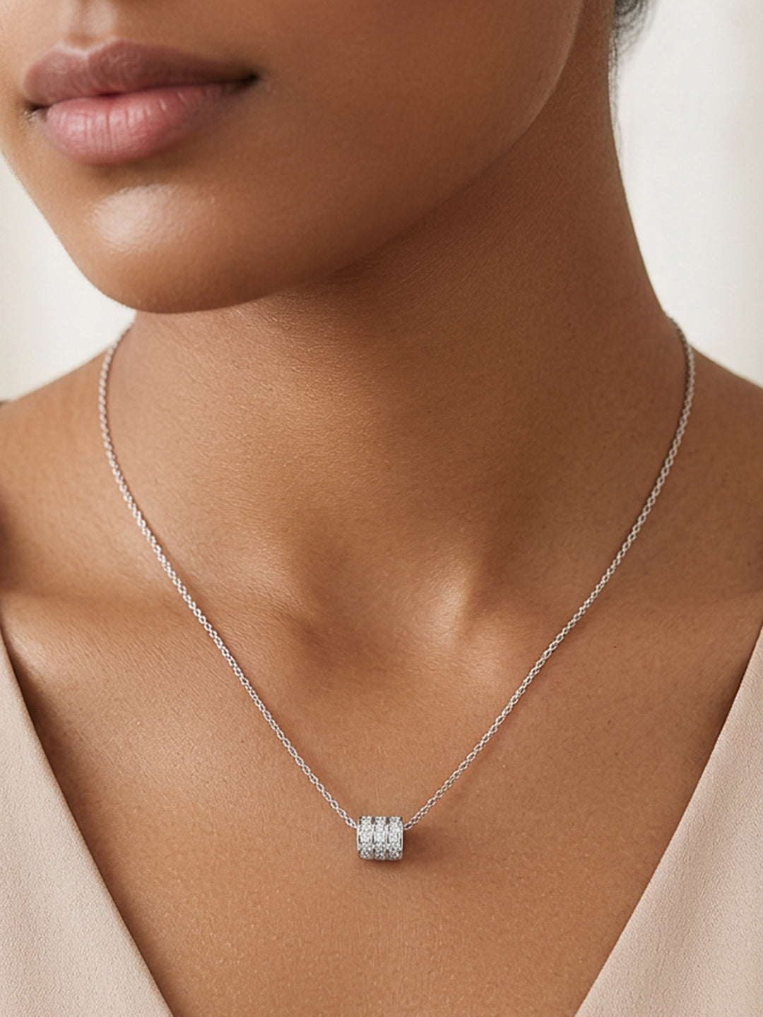 Demifine Rhodium Plated Stainless steel Cubic Zirconia Bar Pendant Necklace
