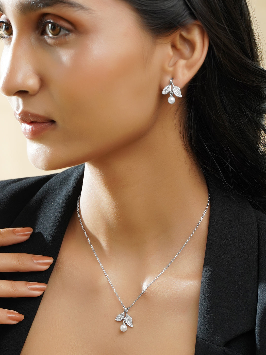 Rubans Rhodium Plated Flora Pearl Drop Pendant Set with Sparkling Crystal Accents