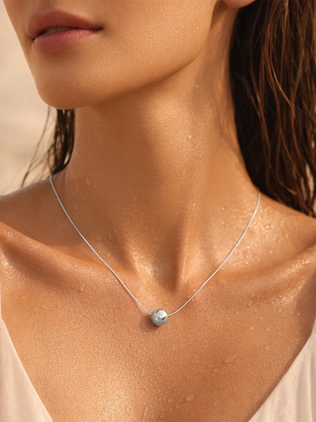 Demifine Rhodium Plated Stainless steel Minimal Ball Pendant Snake Chain Necklace