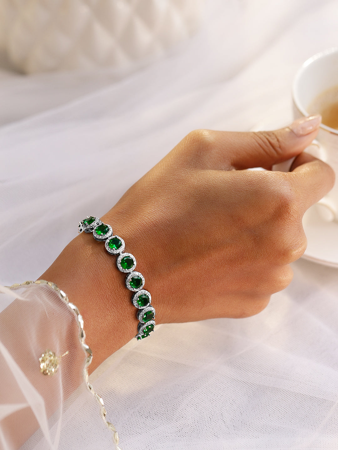 Rubans Rhodium-Plated Emerald Green & AAA Cubic Zirconia Studded Premium Tennis Bracelet
