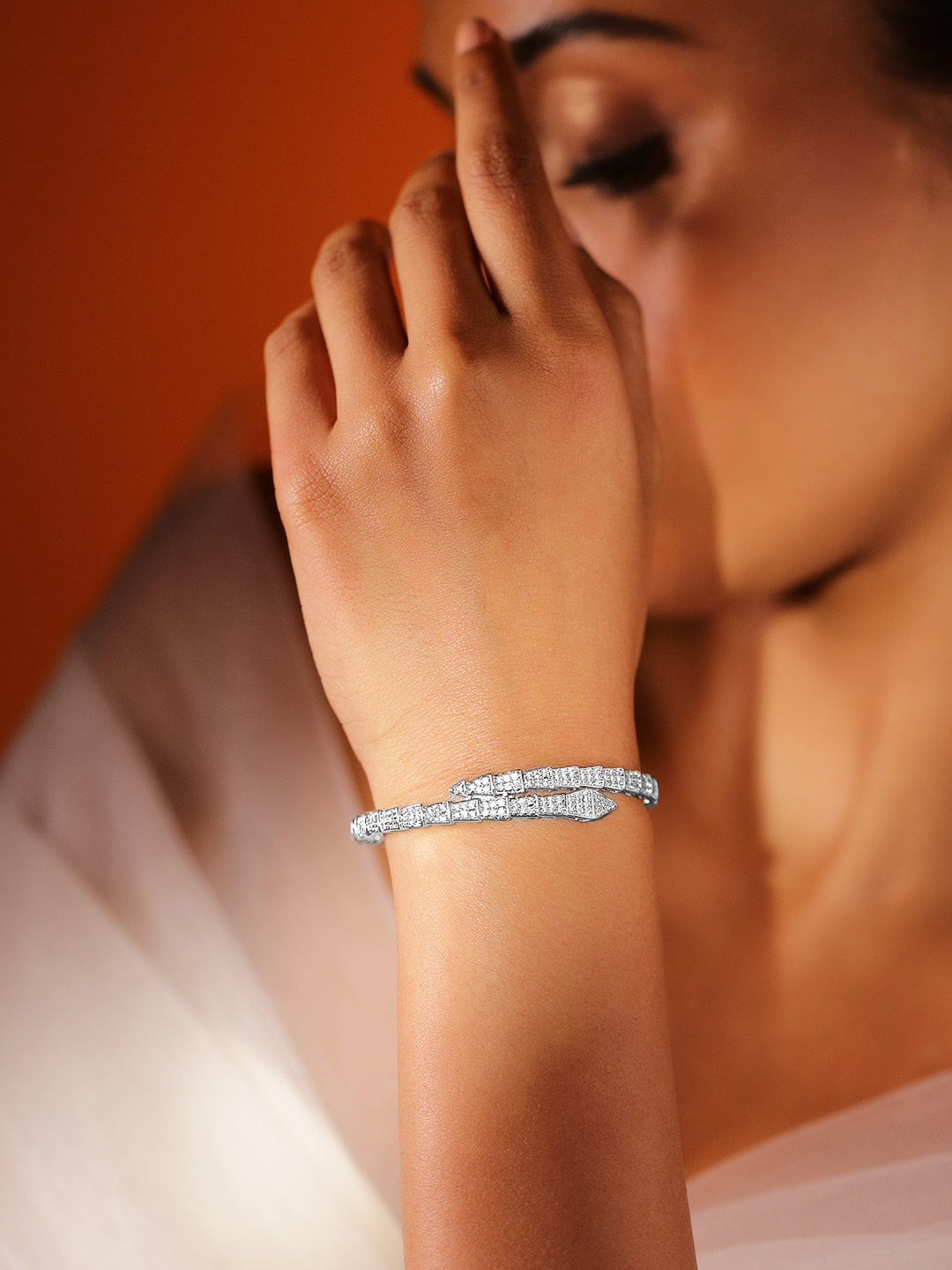 Rubans Rhodium-Plated Double-Layer Snake Design Openable Bracelet with Cubic Zirconia