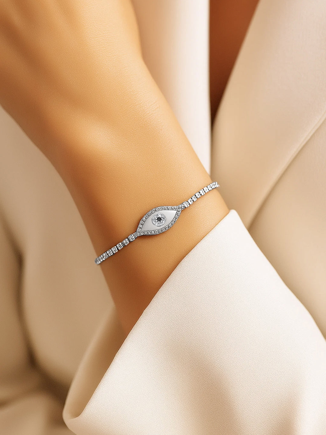 Rhodium Plated Evil Eye Adjustable Bracelet