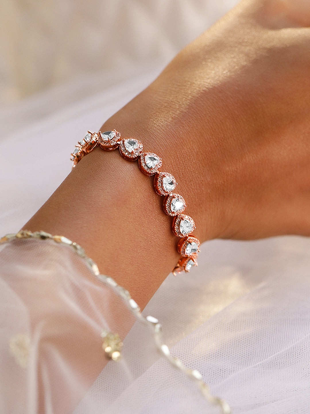 Rubans 18K Rose Gold-Plated AAA Cubic Zirconia Studded Heart Tennis Bracelet