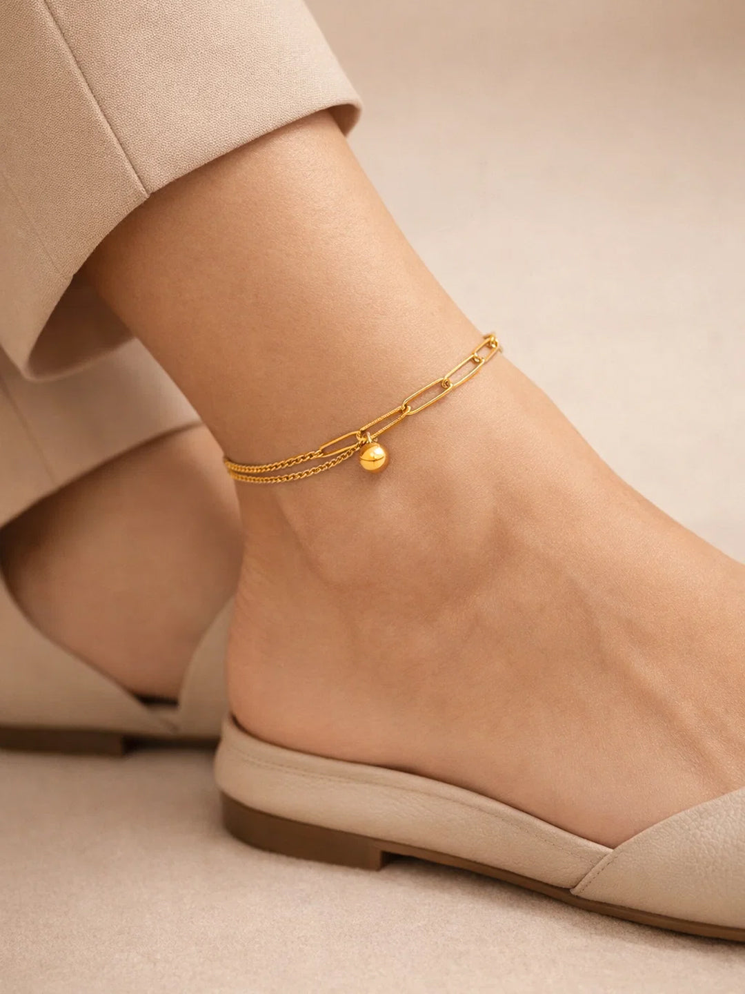 Demifine 18K Gold Plated Stainless steel Paperclip Chain Ball Anklet