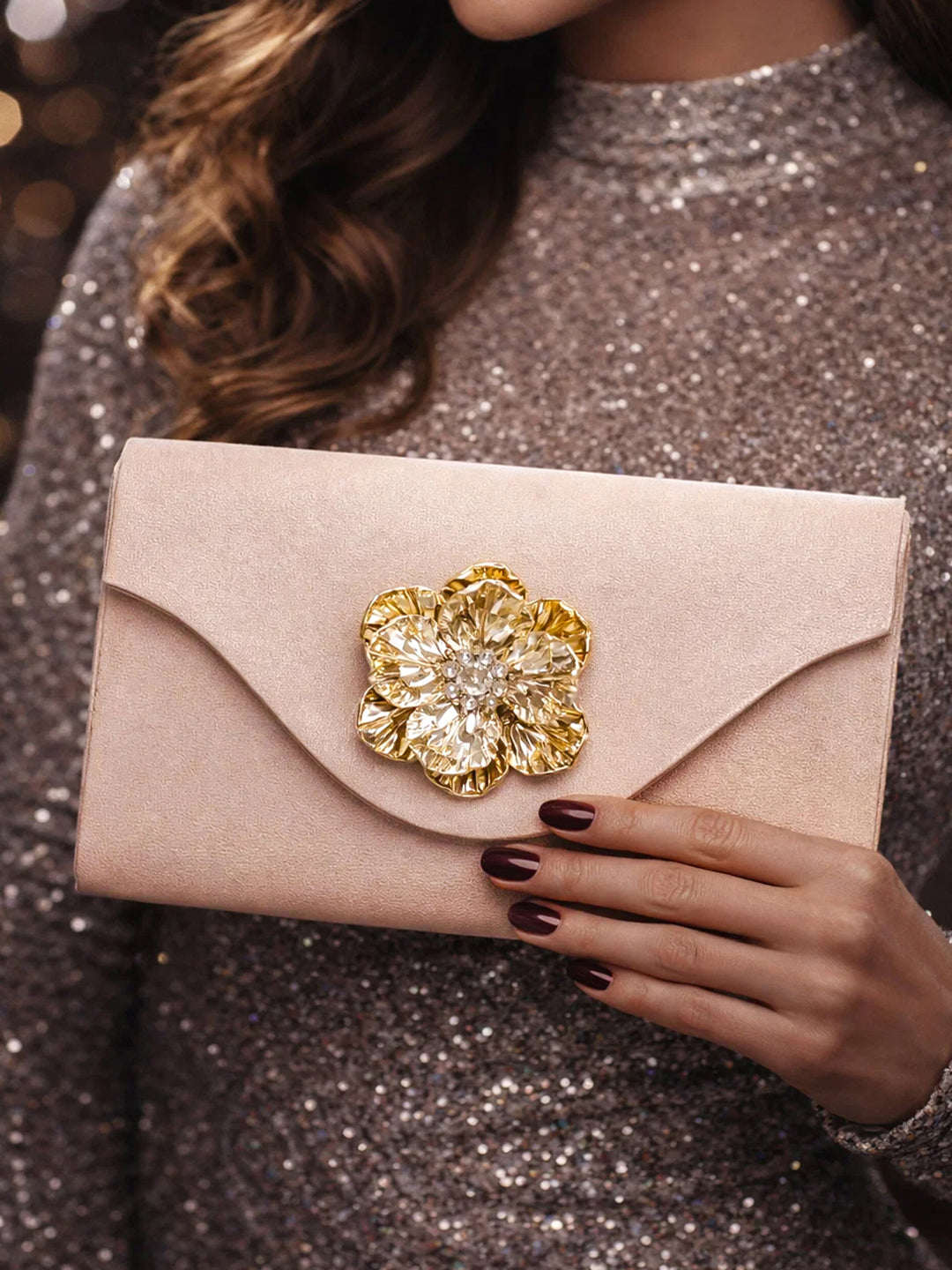Gold Bloom Embellished Satin Clutch
