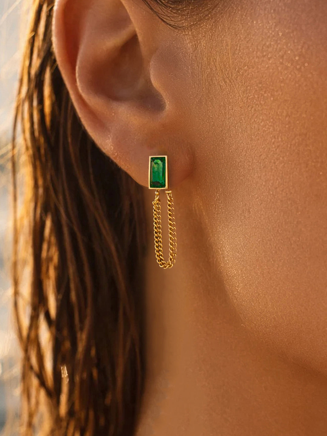Demifine 18K Gold Plated Stainless steel Emerald Chain Loop Dangler Earrings