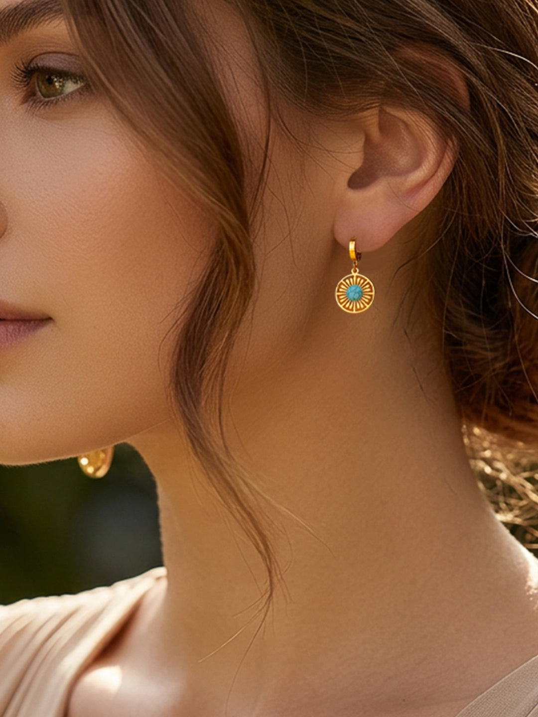 Demifine 18K Gold Plated Stainless steel Turquoise Charm Hoop Drop Earrings
