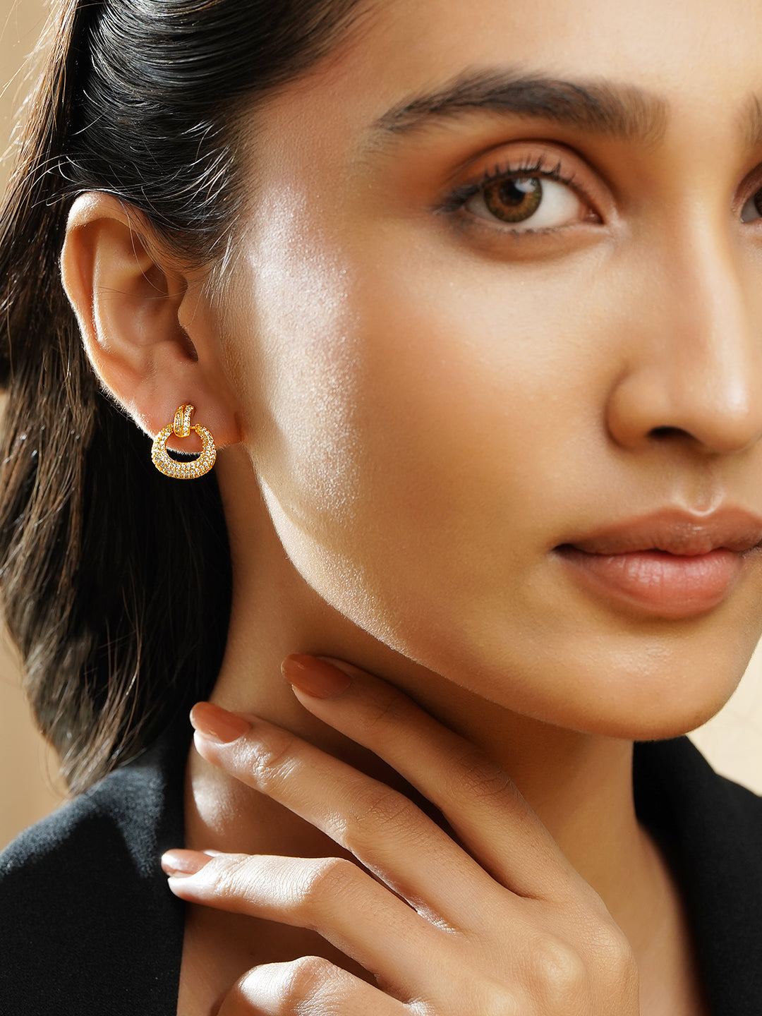 Rubans 18K Gold-Plated White Crystal AD Textured Circular Loop Stud Earrings