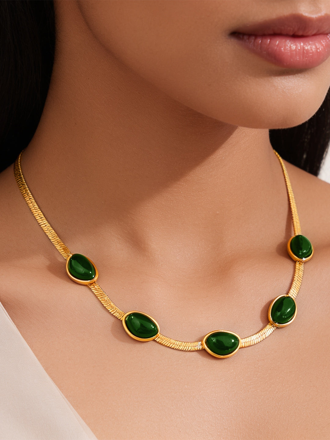 Demifine 18K Gold Plated Stainless steel Emerald Oval Snake Chain Necklace