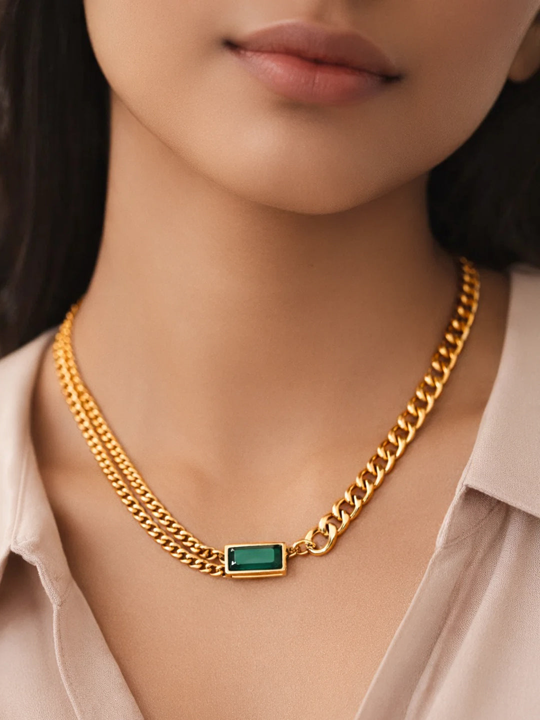 Demifine 18K Gold Plated Stainless steel Chunky Curb Chain Emerald Necklace