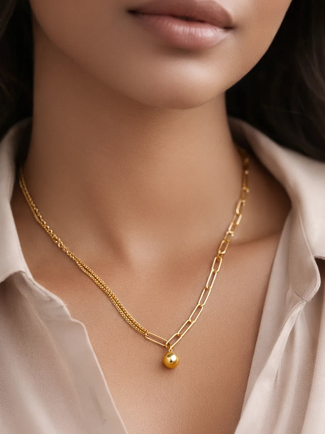 Demifine 18K Gold Plated Stainless steel Paperclip Chain Ball Pendant Necklace