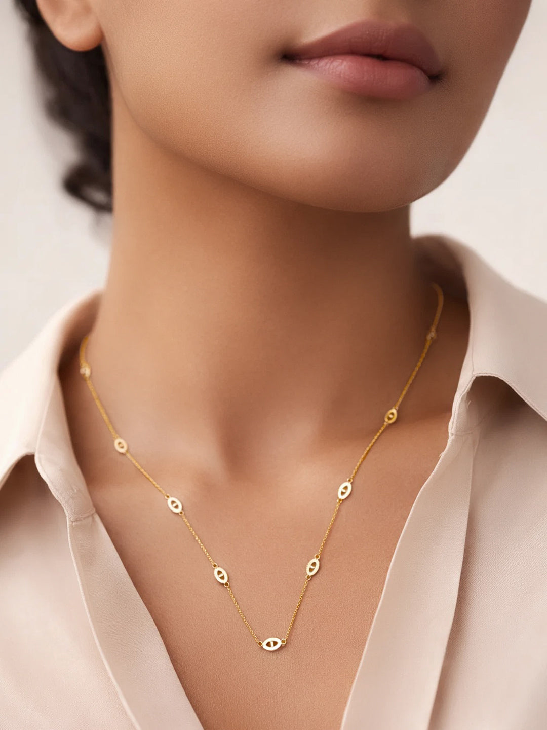 Demifine 18K Gold Plated Stainless steel Layer Long Chain Oval Motif Necklace