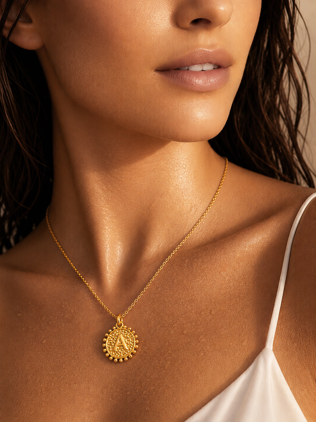 Demifine 18K Gold Plated Stainless steel Textured Coin A Pendant Necklace
