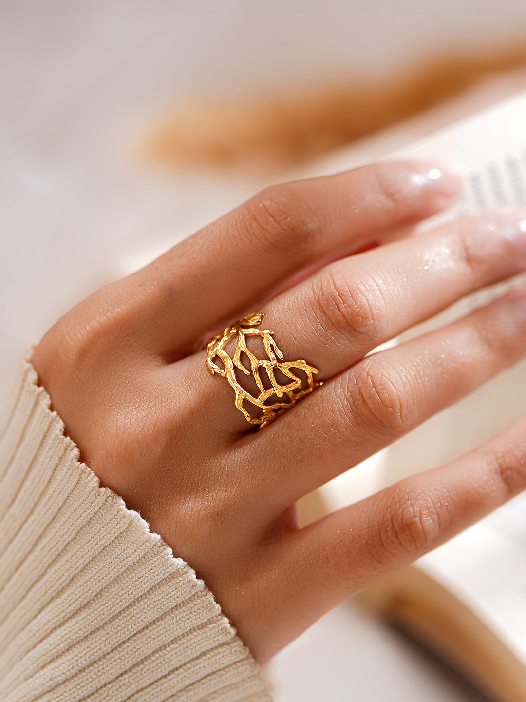 Demifine 18K Gold Plated Stainless steel Wild Vine Statement Ring