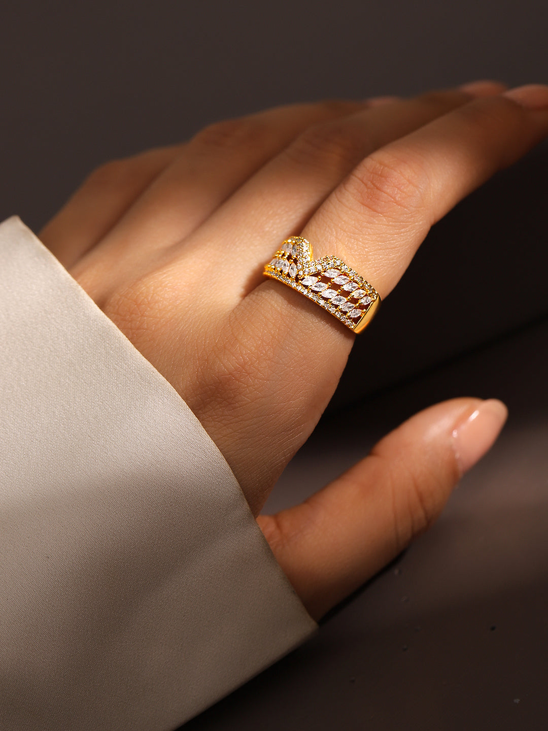 American Diamond Zirconia V-Cut Gold Ring
