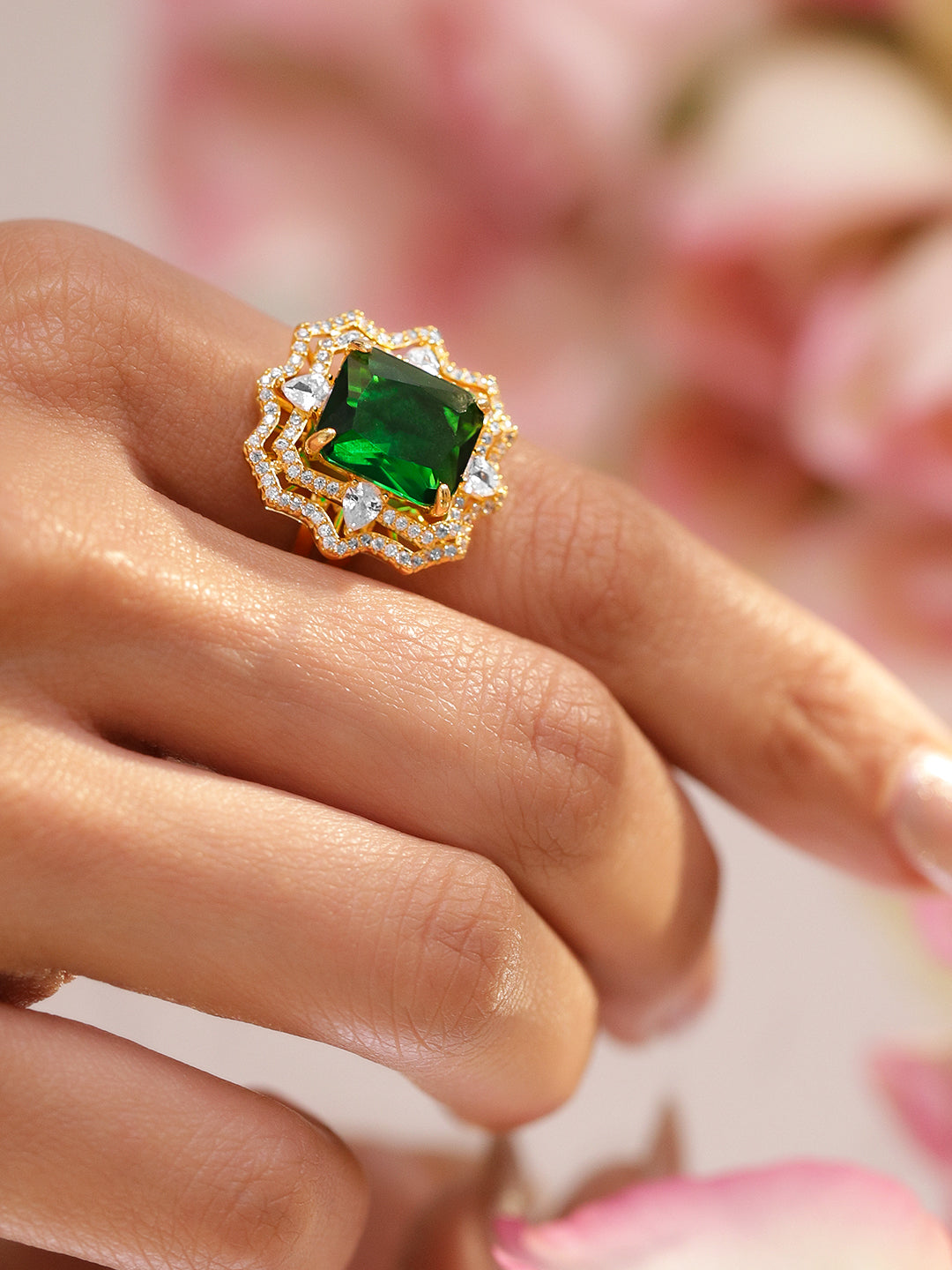 Green Studded American Diamond Zirconia Statement Ring
