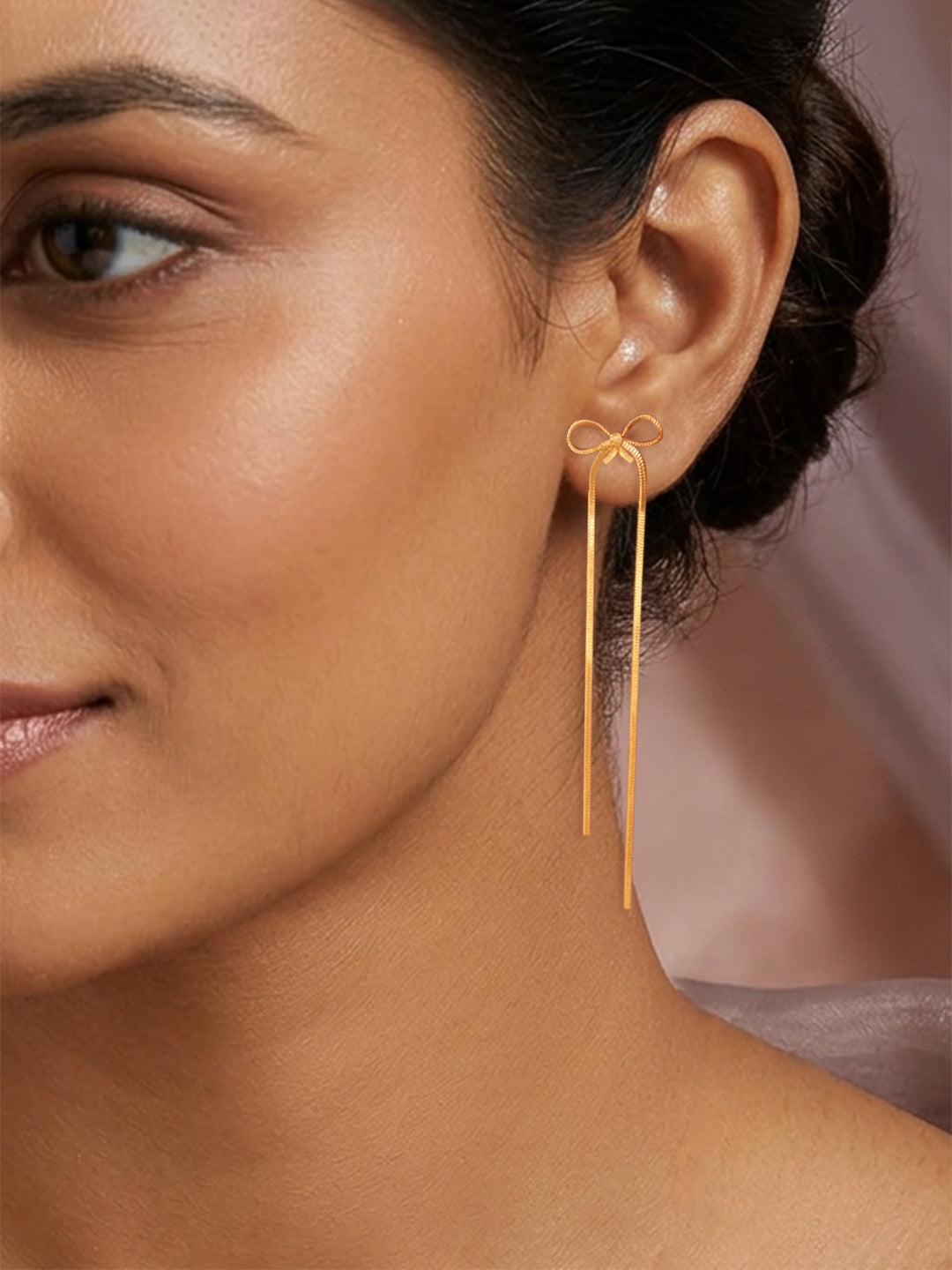 Demifine 18K Gold Plated Stainless steel Bow Long Drop Dangler Earrings