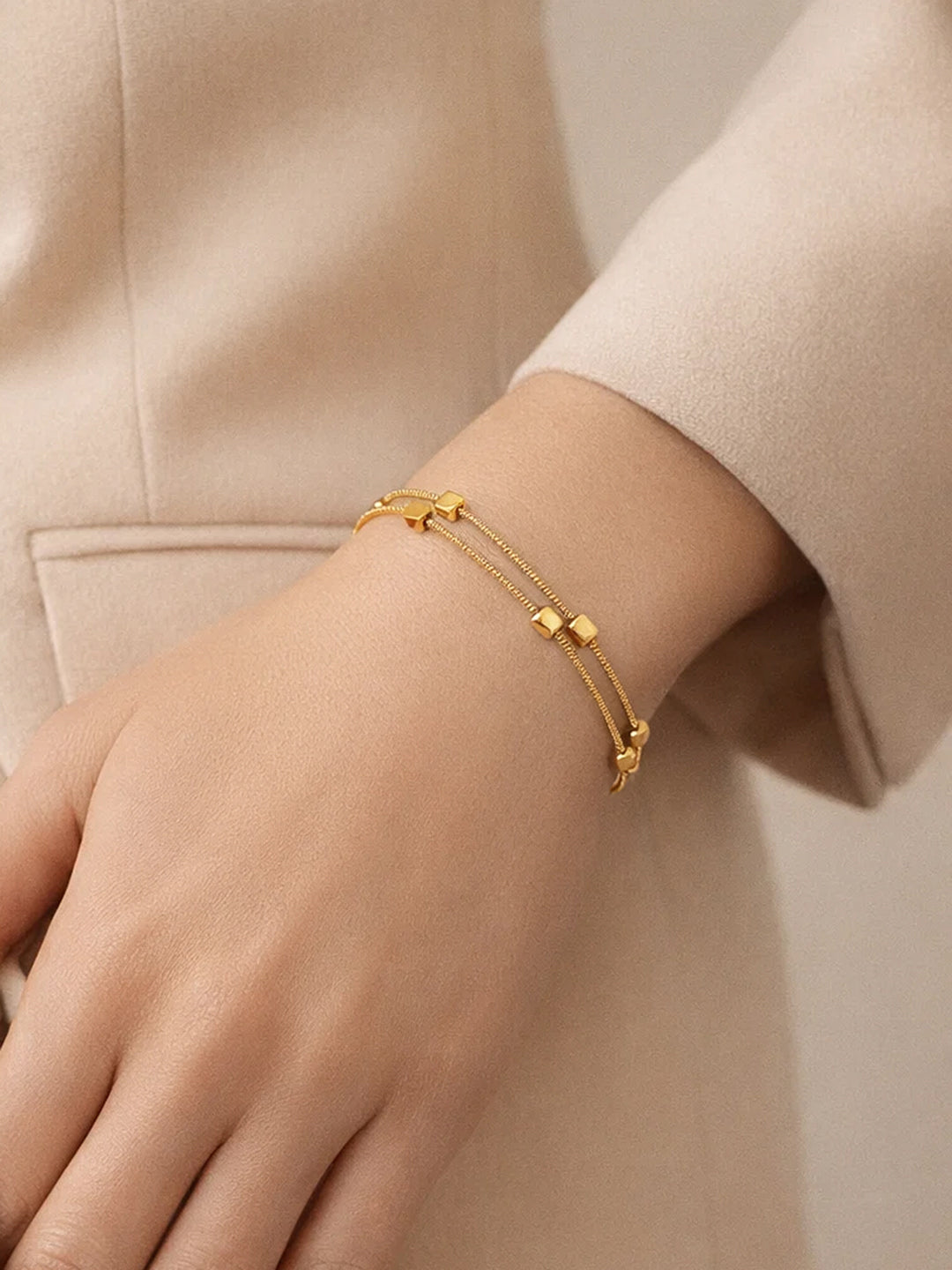 Demifine 18K Gold Plated Stainless steel Dual Chain Cube Detail Bracelet