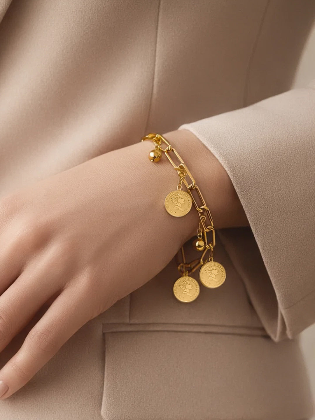 Demifine 18K Gold Plated Stainless steel Coin Charm Link Chain Bracelet
